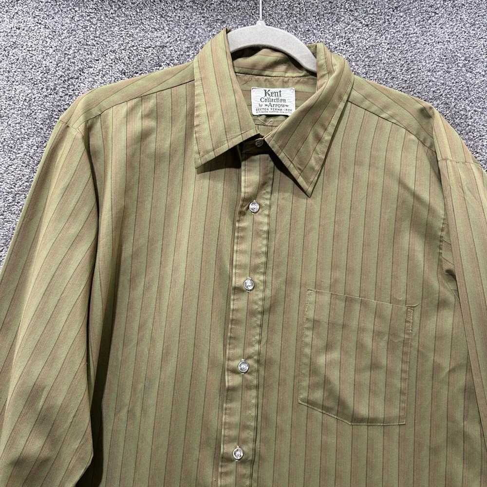 Vintage Arrow Kent Collection Drake II Olive Green Striped Dress Shirt 16.5 35 - Picture 9 of 12